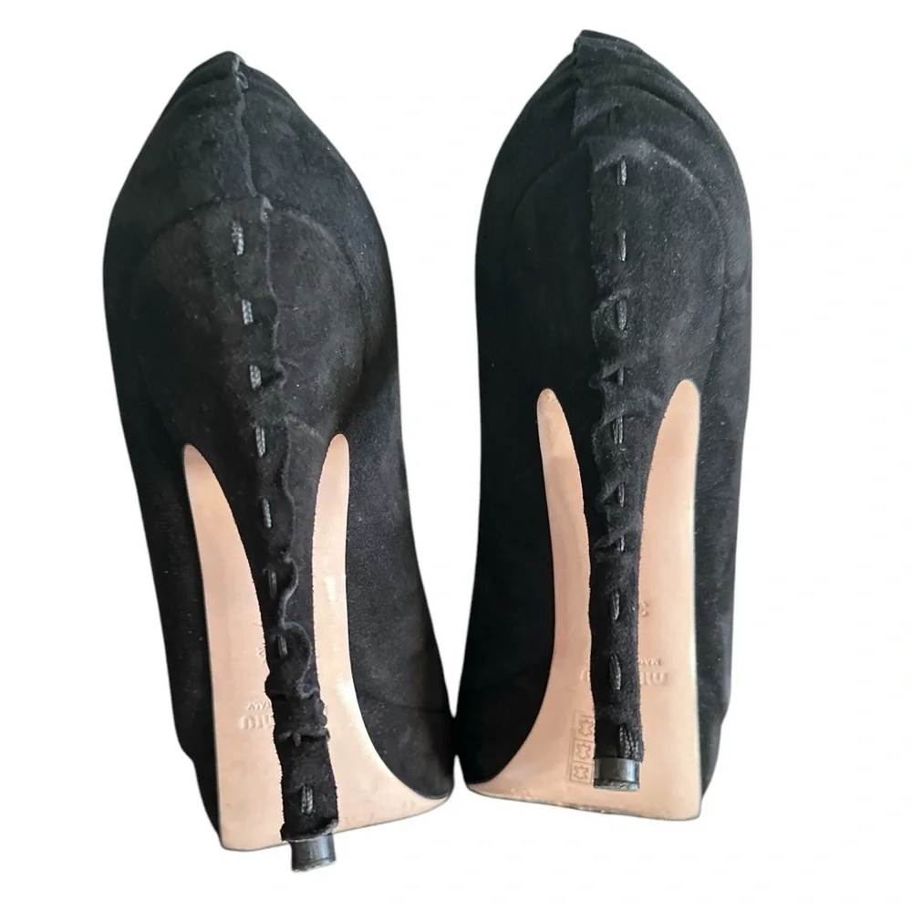 MIU MIU Elegant Black Peep-Toe Suede Stiletto Platform Heels 38.5